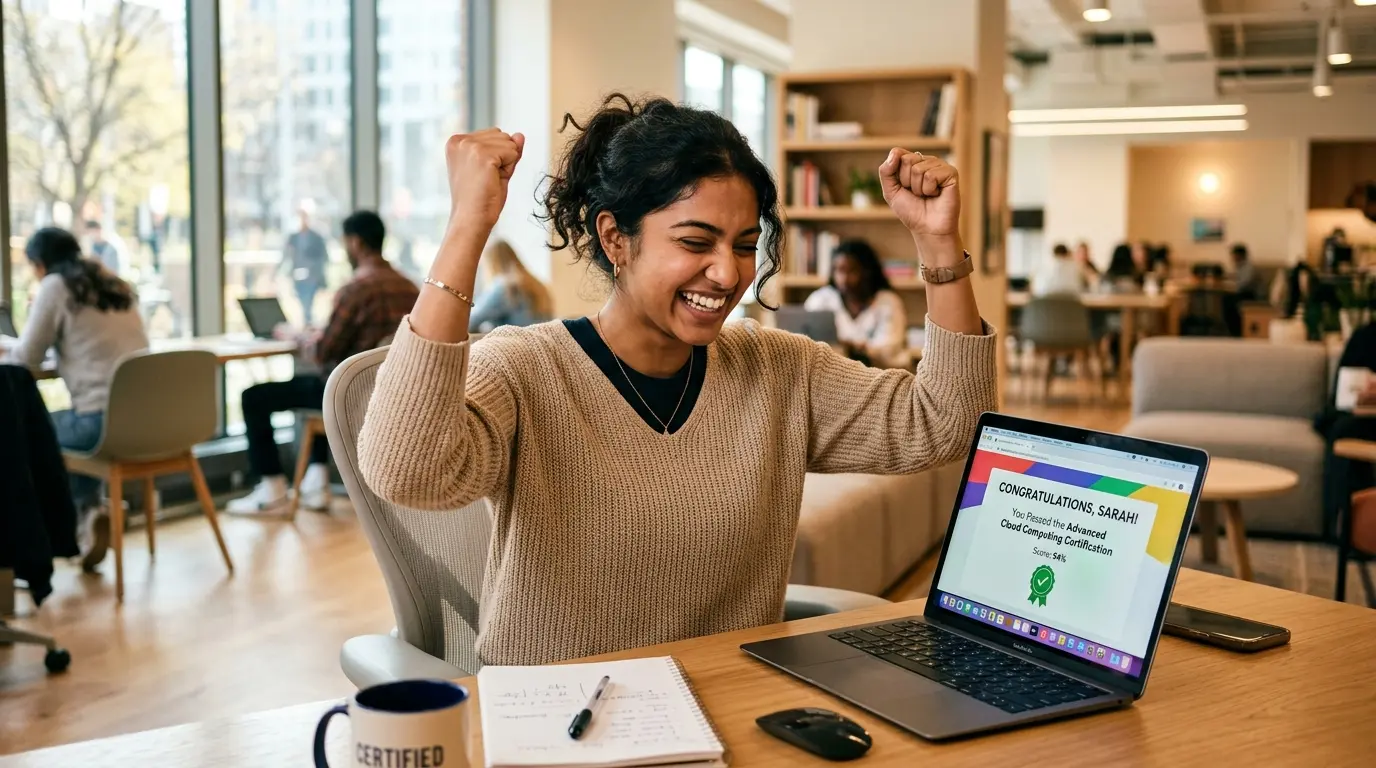 Estudiante celebrando con alegría tras aprobar un examen de certificación